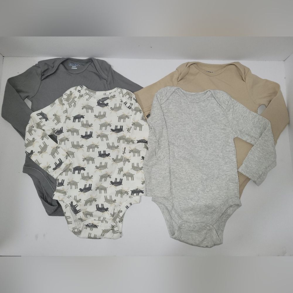 Old Navy Size 12-18 Months Gray Tan 4 Bodysuits Longsleeve Onesies
